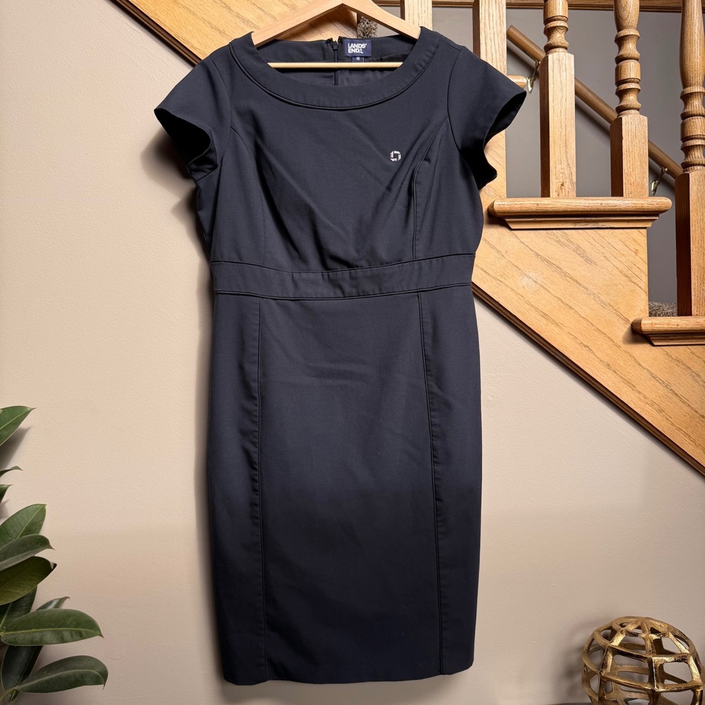 Lands End Chase Bank Wool Blend Sheath Dress Navy Blue 12 Cap Sleeve Uniform